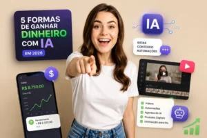 5 formas de ganhar dinheiro com IA em 2026 usando vídeos, automações, agentes de IA, produtos digitais e otimização de conteúdo.