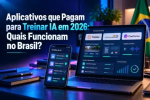 Aplicativos que pagam para treinar IA em 2026 no Brasil, com notebook e celular exibindo tarefas de inteligência artificial das plataformas Toloka, Clickworker e OneForma.
