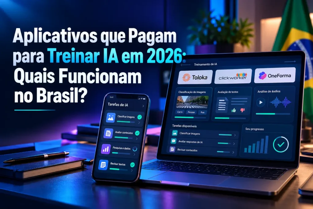 Aplicativos que pagam para treinar IA em 2026 no Brasil, com notebook e celular exibindo tarefas de inteligência artificial das plataformas Toloka, Clickworker e OneForma.