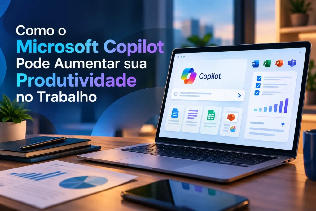 Microsoft Copilot sendo usado para aumentar a produtividade no trabalho com IA, documentos, relatórios e organização de tarefas.