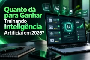 Quanto dá para ganhar treinando inteligência artificial em 2026, com notebook exibindo tarefas de avaliação de IA e remuneração digital.