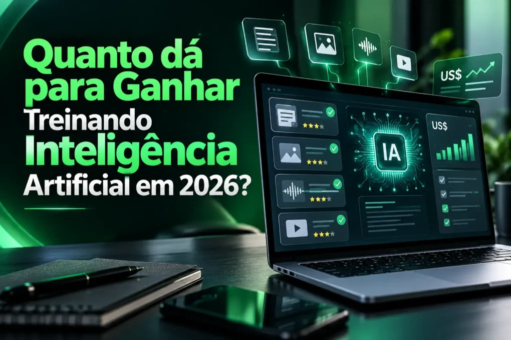 Quanto dá para ganhar treinando inteligência artificial em 2026, com notebook exibindo tarefas de avaliação de IA e remuneração digital.